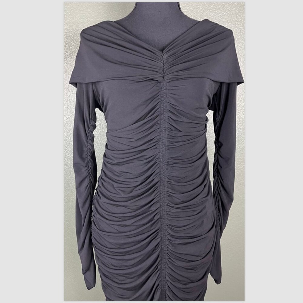 A.L.C. Dress Off Shoulder Sz L Black Ruched Stretch Jersey Midi NWT - Picture 5 of 6